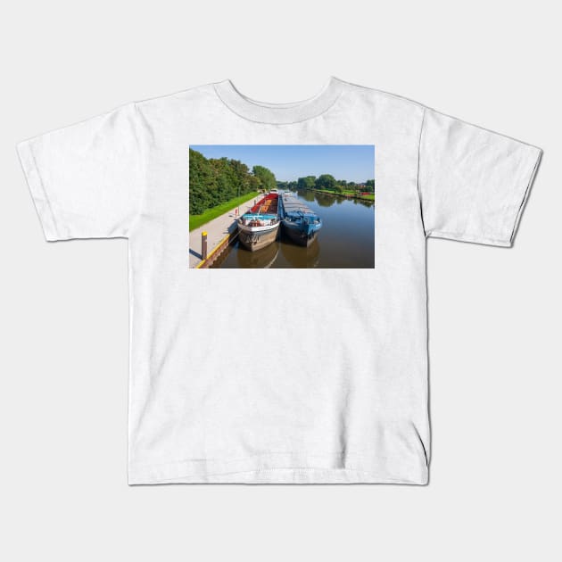 Germany; Nienburg; weser Lower Saxony; City; Flow; Bridge; weser bridge; Ship; barge Kids T-Shirt by Kruegerfoto